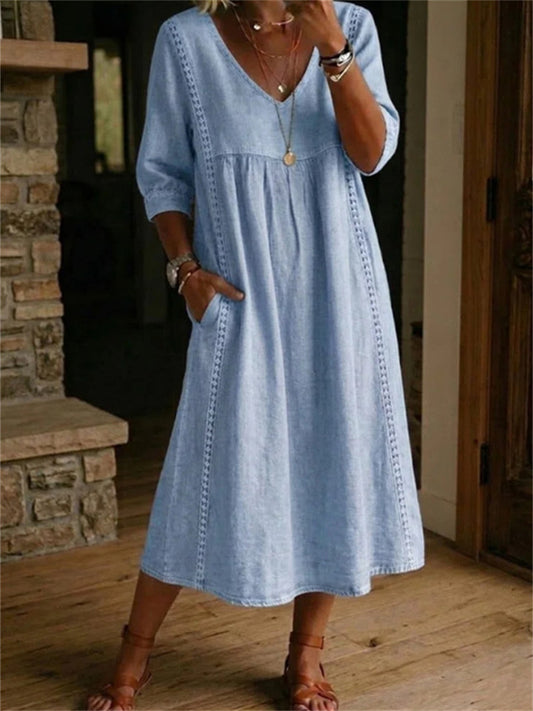 New Arrival Women's Loose-Fit V-Neck Patchwork Lace-Trimmed Linen-Cotton Dress