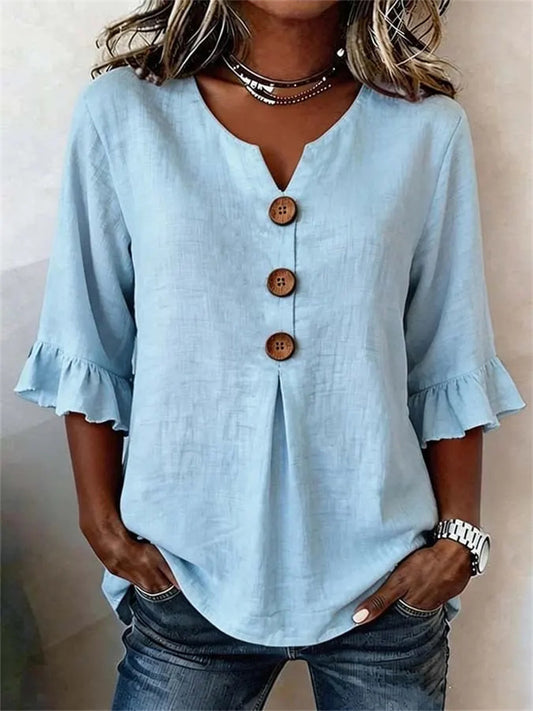 New Summer Women’s V-neck Cotton-Linen Button-Down Shirt with Ruffled Sleeves