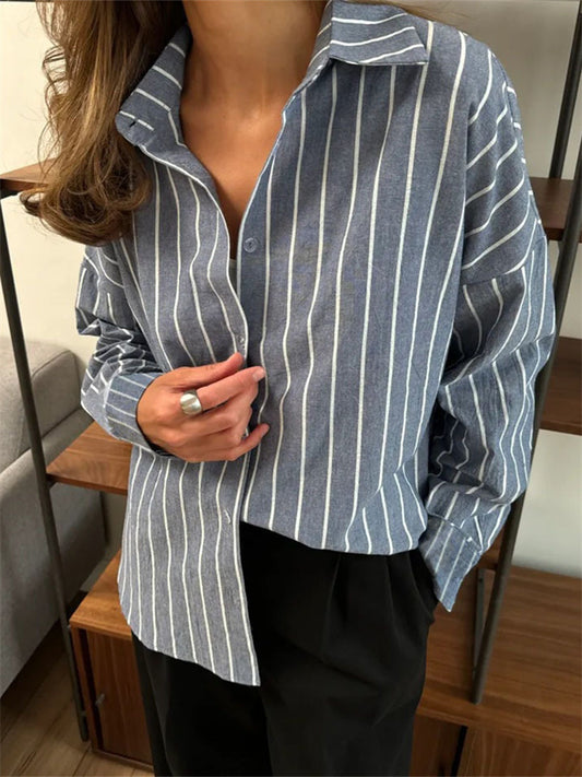 New Autumn/Winter Long-sleeved Cardigan Jacket Women's Striped Shirt