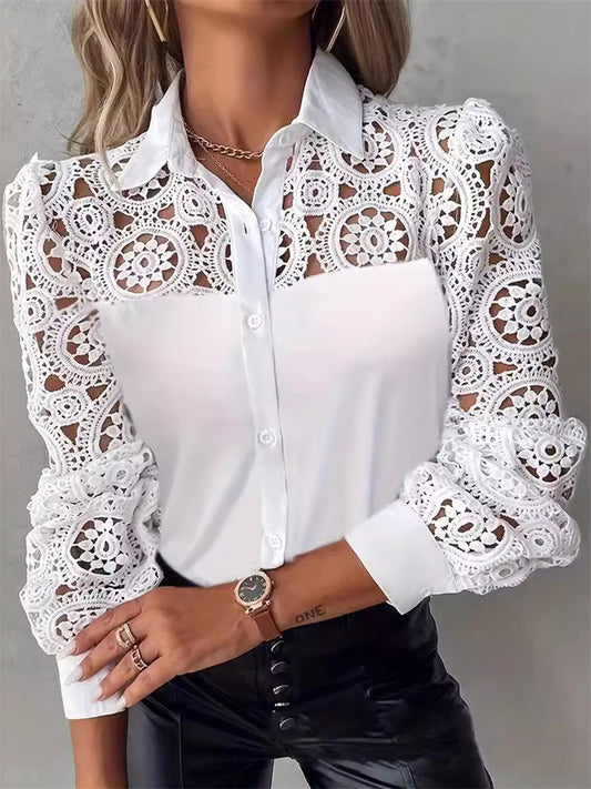 Women's Spring and Summer New Hollow V-neck White Lace Shirt
