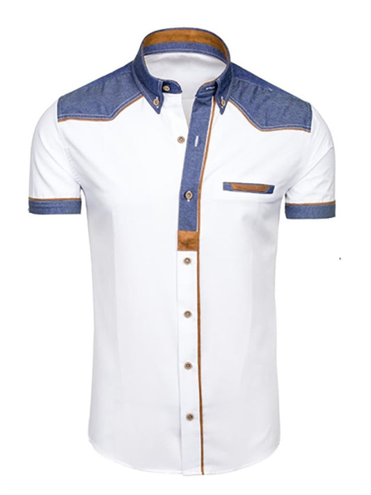 Men's Shirt Button Up Shirt Summer Shirt Black White Light Blue Short Sleeve Color Block Turndown Outdoor Street Patchwork Clothing Apparel Cotton Fashion Casual Breathable Comfortable