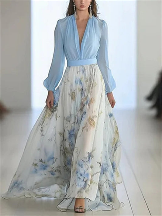 Women's Digital Print Long Sleeve V-Neck Long Dress Oversized Skirt Dress