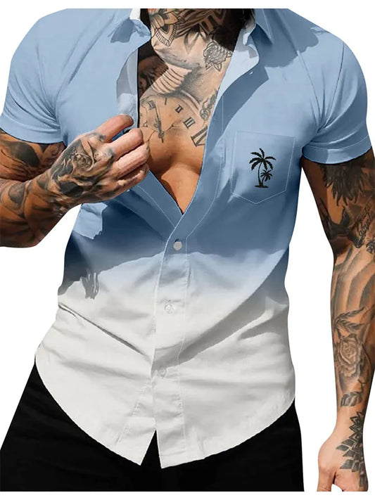 New Summer Arrival 3D-Printed Gradient-Color Men’s Casual Hawaiian Short-Sleeve Shirt