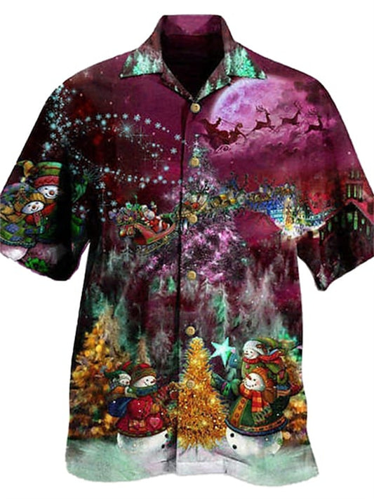 Men's Shirt Graphic Shirt Santa Claus Turndown Sea Blue Navy Blue + Black Green Blue Purple Street Casual Short Sleeve 3D Button-Down Clothing Apparel Fashion Designer Casual Comfortable