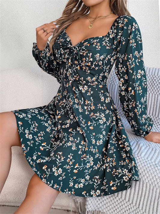 Dress Floral Long Sleeve V-neck Dress Big Swing Dress