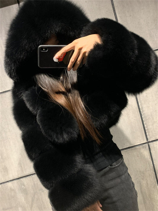 Women's Fur Coat Faux Fur Coat Hoodie Jacket Wedding Daily Outdoor clothing Fall Winter Short Coat Slim Casual Faux Leather Jacket Long Sleeve Solid Color Fur Light Pink Sapphire Navy