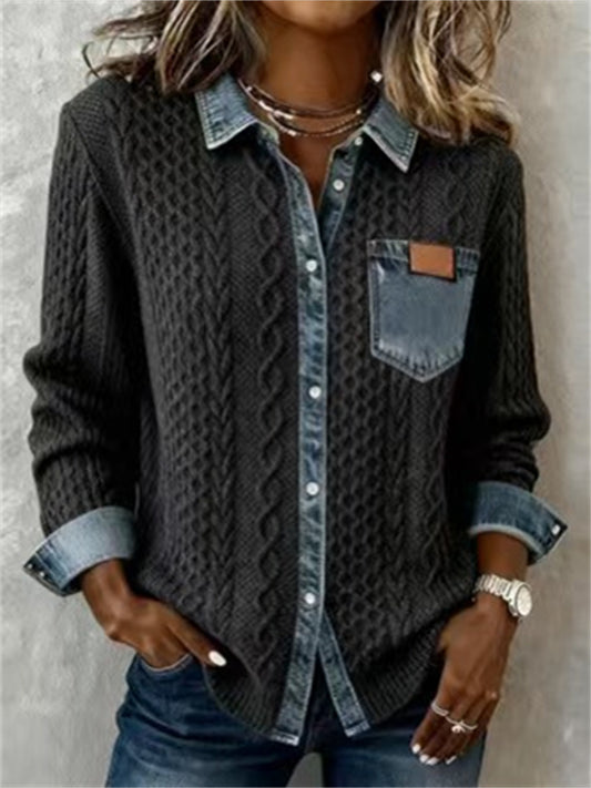 New Knit Patchwork Denim Shirt for Women - Fall/Winter Fashion Long Sleeve Cardigan Jacket