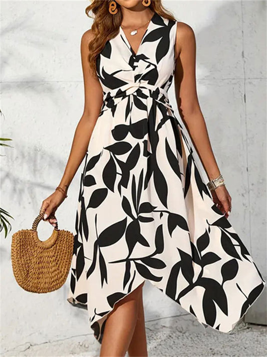 Women's Summer Sleeveless Midi Dress with Leaf Print and Asymmetrical Hem
