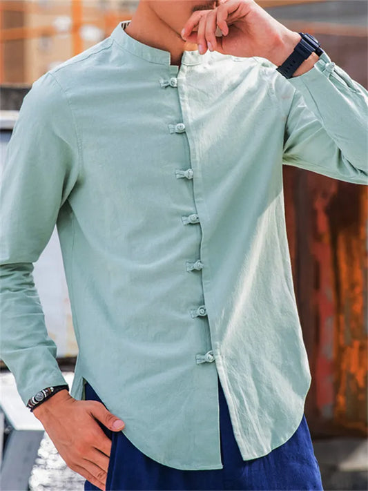 Autumn New Long-sleeved Stand-up Collar Shirt Men's Plus Size Retro Cotton Disk Buckle Solid Color Casual Shirt