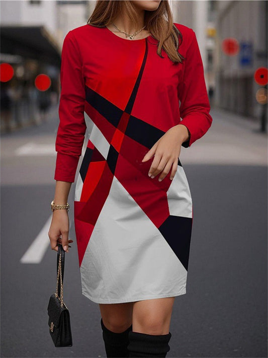 Knitted Casual Dress Crew Neck Printed Plaid Color-Blocked Loose T-Shirt Dress