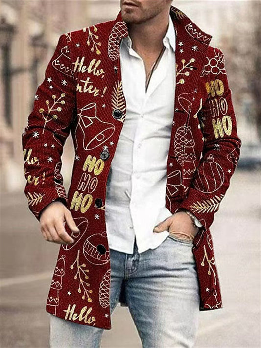 Men's Coat - New Fall/Winter Style - Woolen Stand Collar Mid-Length Printed Casual Notched Lapel Coat - Fall/Winter
