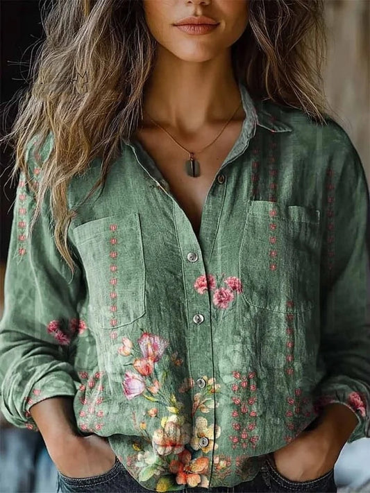 Women's New Arrival 3D Printed Fashion Floral Lapel Long-Sleeve Shirt S-XXXL