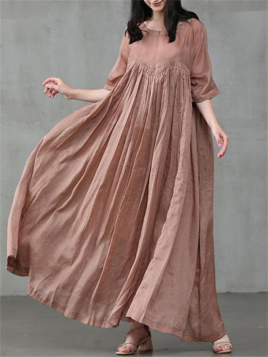 Casual Temperament Women's Cotton Linen Set Head Round Neck Swing Type Solid Color Dress