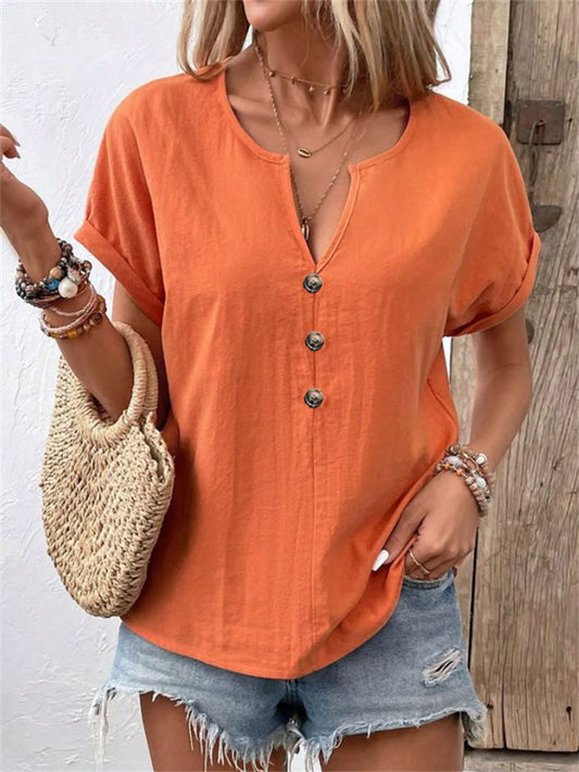 Summer New Arrival Women's Button-Up V-Neck Short-Sleeve T-Shirt Top