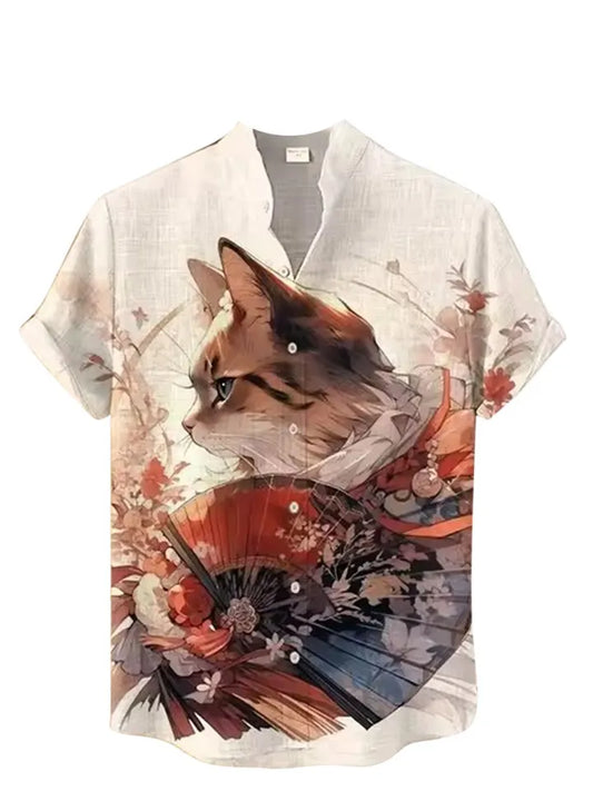 Men's Summer 3D Animal Print Fashionable Stand-up Collar Short-Sleeve Shirt 1