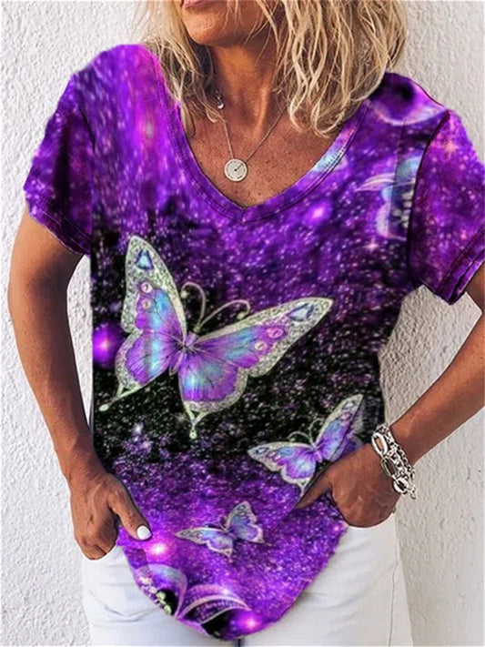 Summer Explosion Loose-fitting Type Flower Mang Print Comfortable Casual Short-sleeved V-neck Casual Wind T-shirt Women