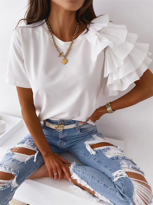 Summer Fashion Ruffled Short-Sleeve Round-Neck Women's T-Shirt