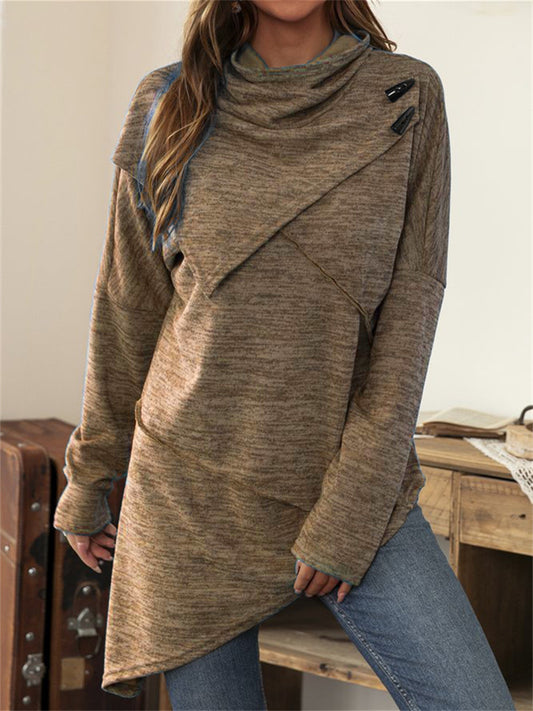 Fall New Arrival Long Sleeve Button-Up Patchwork Knit Top for Women Asymmetrical T-Shirt