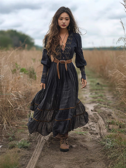 Embroidered Vintage V-Neck Women's Long-Sleeve Rustic Casual Dress