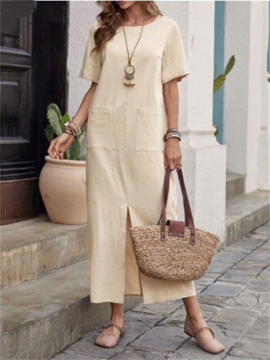 Summer Women's Cotton-Linen Blend Solid Color Loose-Fit Crew Neck Short Sleeve Asymmetric Hem Dress