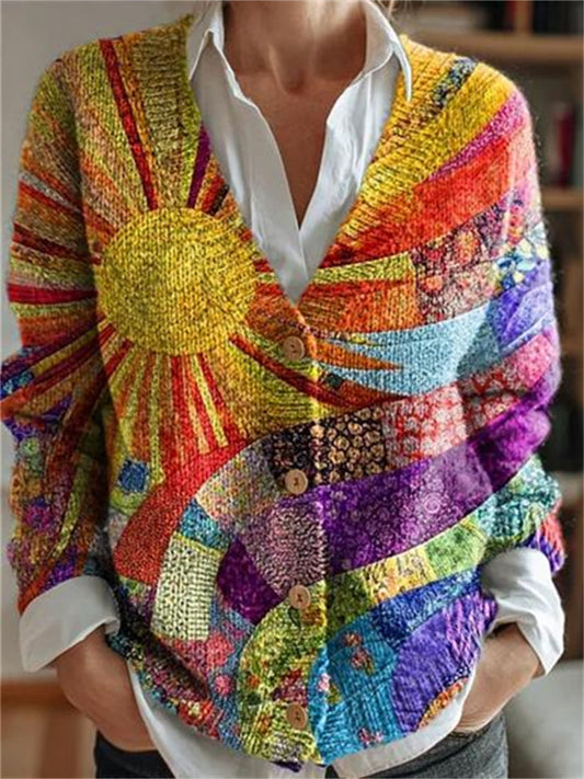 Women's New Floral 3D Print Autumn/Winter V-Neck Sweater Jacket