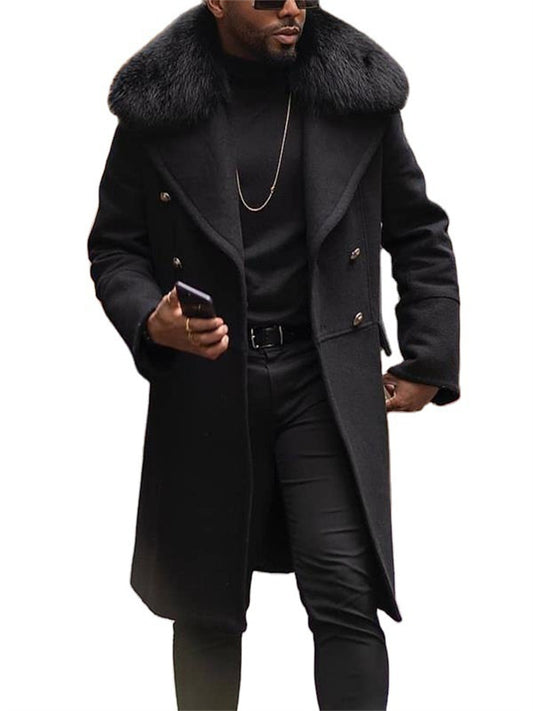 Winter New Casual Tweed Jacket Solid Color Slim Type Double-breasted Young Men's Lapel Hair Collar Coat