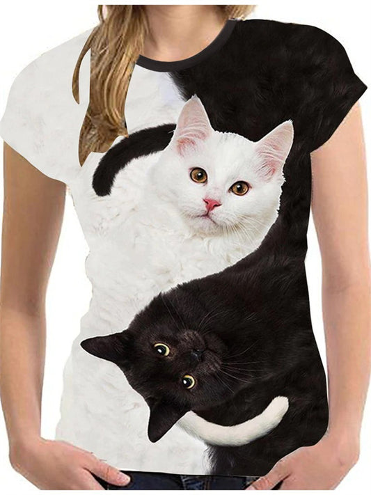 Black and White Cat Digital 3D Printing T-shirt Round Neck Short Sleeve Top S M L XL 2XL 3XL 4XL 5XL