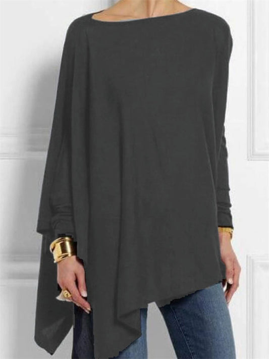 New Women's Long-sleeved Irregular Solid Color Pullover T-shirt Casual Loose Tops Eight Colors Plus Size