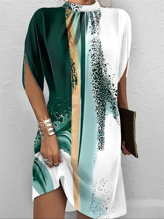 Women's Fashion Round Neck Loose Short-sleeved Bat Sleeve Round Neck Dress Printed Dresses
