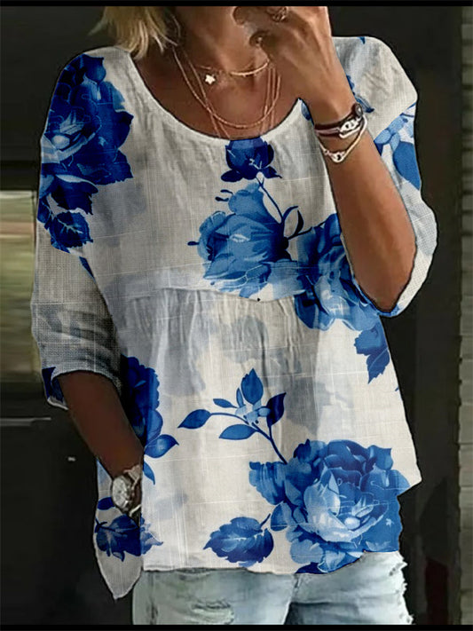 Women's T-Shirt Loose Printed Mid Sleeve Pleated Round Neck Top