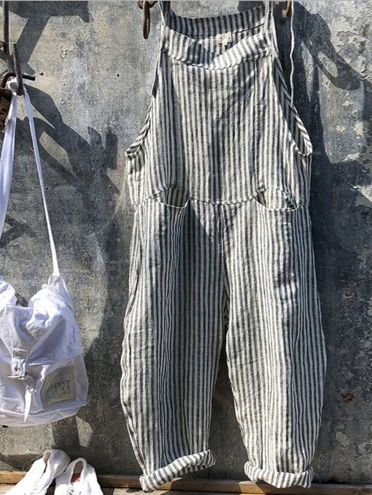 Strap Striped Jumpsuit Wide Leg Pants Linen