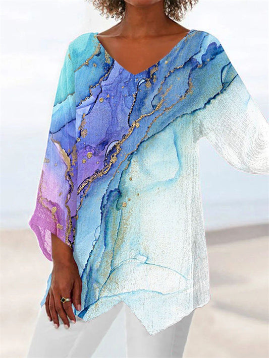 Women's New 3D Printed Natural Scenery V-neck Nine-minute Sleeve Loose Shirt