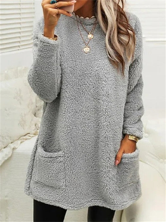 Women's Sweatshirt Pullover Sherpa Fleece Teddy Pocket Marron Blue Purple Solid Color Street Round Neck Long Sleeve Fleece S M L XL 2XL 3XL