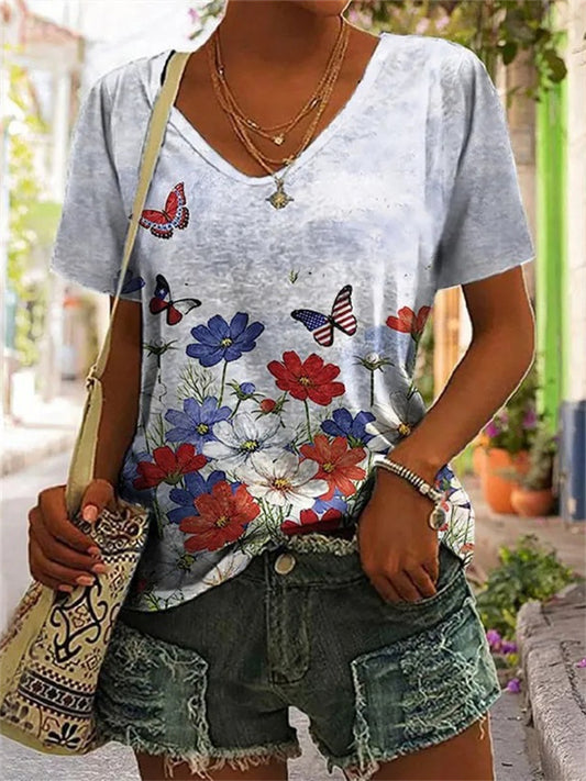 Short-sleeved trend versatile fashion new loose tops summer thin V-neck T-shirt