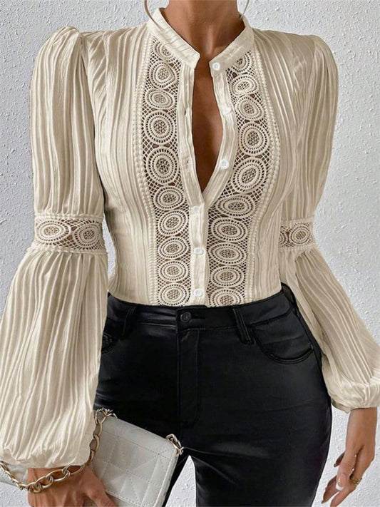 Spring Women's New Fashion Lace Lantern Long-sleeved Solid-color Stand-up Collar Shirts