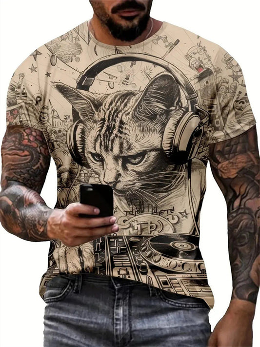 Casual Cartoon Animal 3D Print Summer Men's T-shirt with Round Neck and Short Sleeves