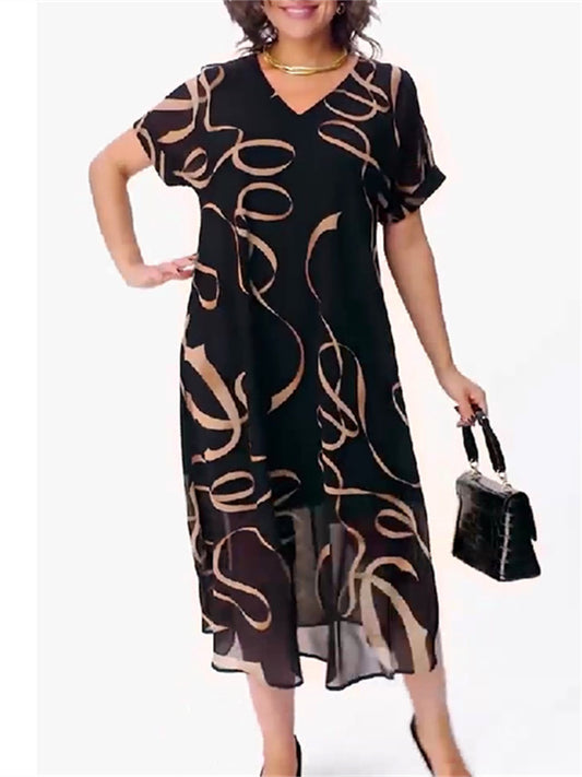 New Summer Style Fashionable Plus-Size Women's Printed Short-Sleeve V-Neck Black Dress