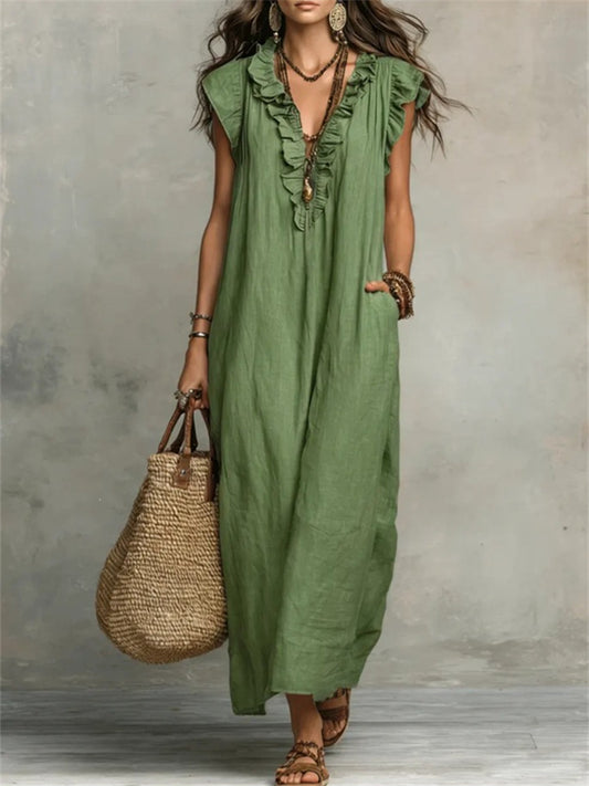 New Summer Bohemian Cotton-Linen Flare-Sleeve Ruffle-Collar Dress