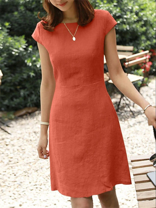 Summer Comfortable Casual Female Cotton and Linen Solid Color Back Big V Hollow-out Round Neck Dress, Navy Blue, Orange Red, Army Green, Matcha Color