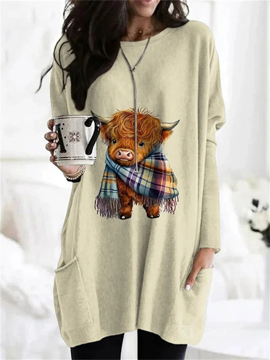 Women's New Arrival 3D Animal Print Fashion Crew Neck Mid-Length Top Fall/Winter T-Shirt