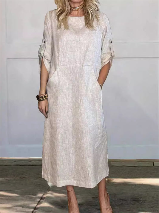 Spring and Summer Women's Cotton and Linen Solid Color Casual Round Neck Double Side Pockets Long Dresses