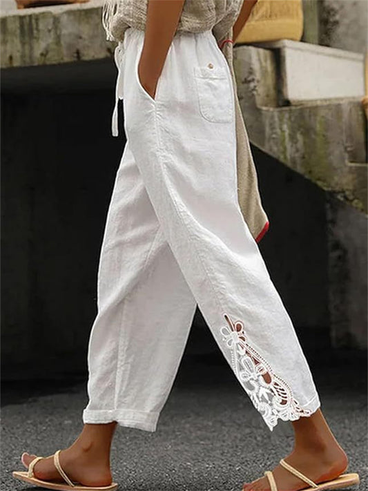 Women's Summer Lightweight Casual Pants - Fashion Lace Cropped Pants - Women's Solid Color Pants