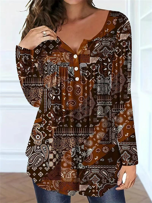 Plus-Size Women's T-Shirt with Elegant Loose-Fitting Paisley Print and Buttoned V-Neck