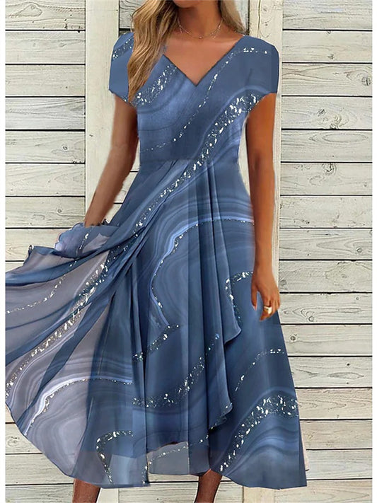 Loose A-line Short-sleeved Printed Dress Round Neck Fashion Long Dress Blue White