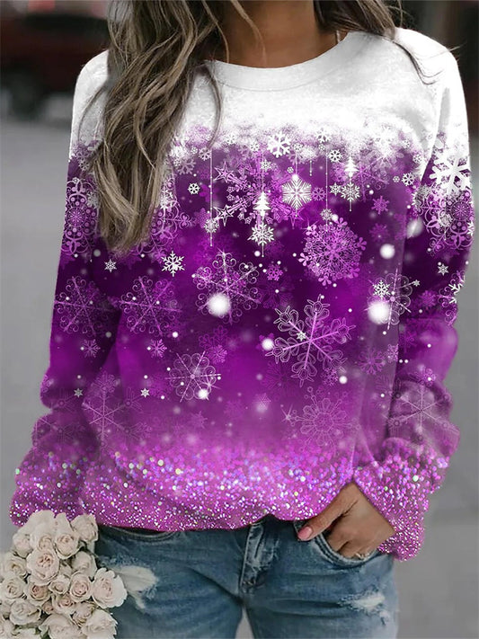 Autumn and Winter New Christmas Snowflakes New Printing Ladies Casual Round Neck Sweater