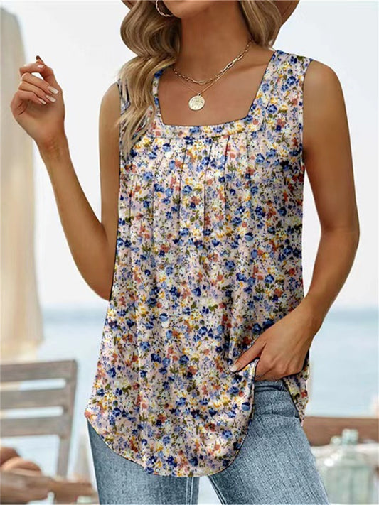 Summer Printed Cotton Women's Printed Round Neck Shrink Pleated Sleeveless Undershirt Women's cotton Tops T-shirt