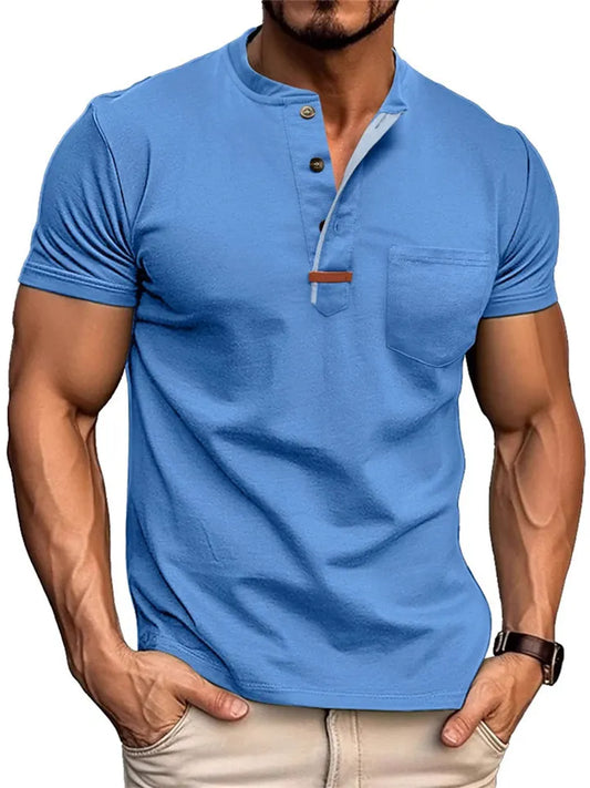 Summer Men's Short-sleeved T-shirt Men's Round Neck Henley Collar Casual Tops