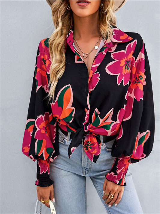 Spring Women's Printed Long Sleeve Top Collared Lantern Sleeve Printed Shirt