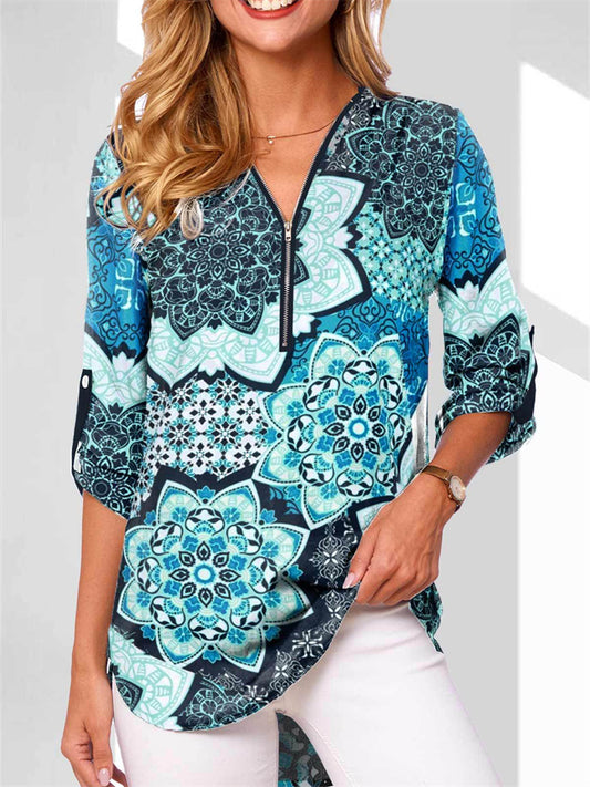 V-neck Zipper Oversized Women's Long Sleeve Roll-Up Sleeve Loose Shirt