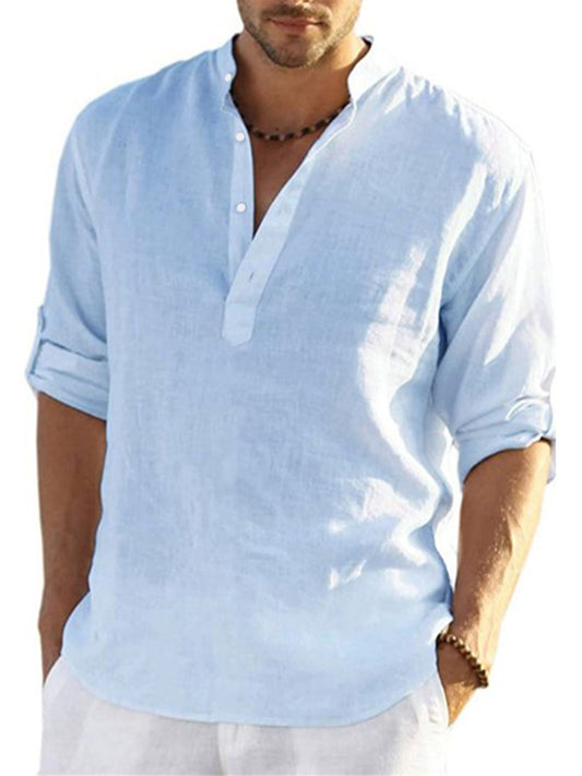 Men's Solid Color Casual Loose Shirt Shirt Men Tide Stand Collar Cotton Linen Collar Long-sleeved S,M,L,XL,2XL,3XL